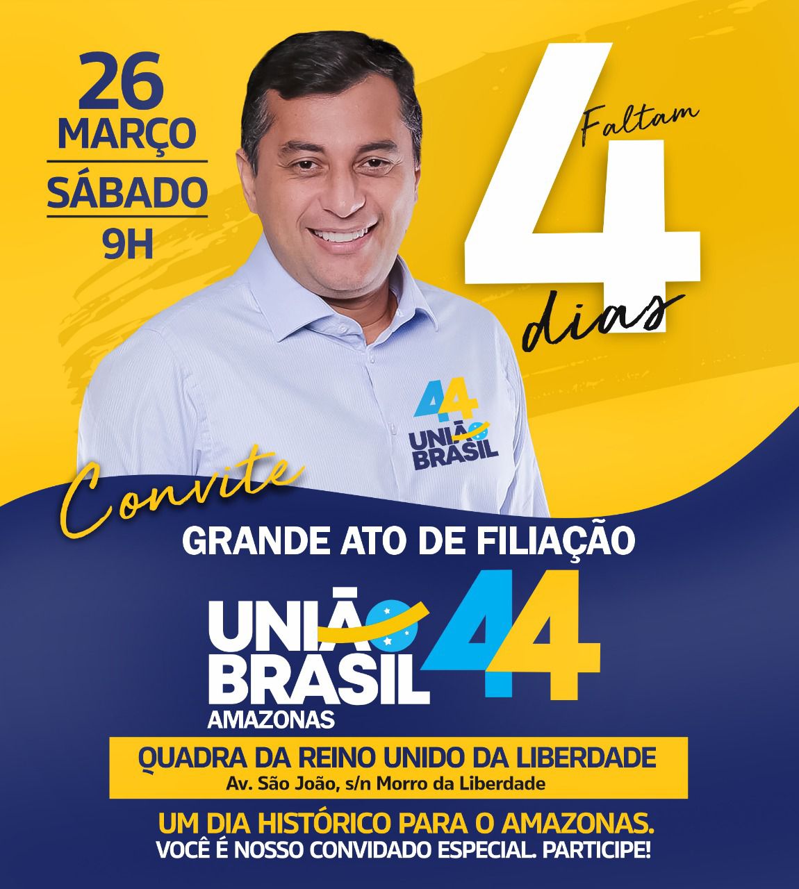 Wilson Lima estará presente ao Grande Ato de Filiação do União Brasil neste sábado (26)