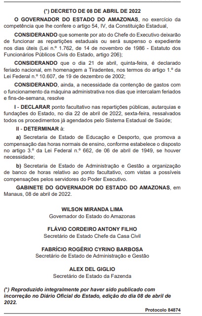 Governo do Amazonas decreta ponto facultativo na sexta-feira (22/04)