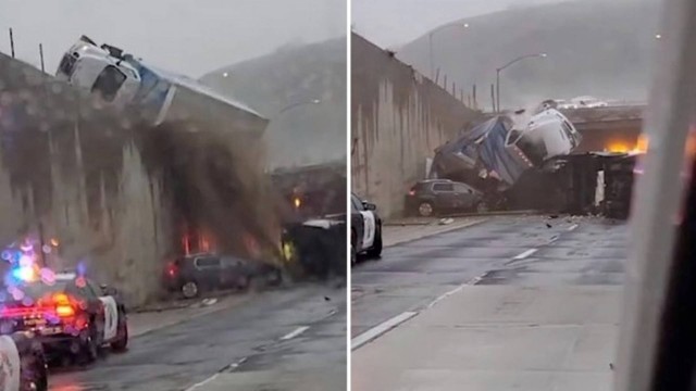 Vídeo: Caminhão despenca de viaduto e cai sobre veículos envolvidos em outro acidente em rodovia; veja