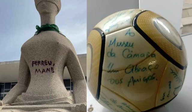 PF prende mulher que pichou “perdeu, mané” na estátua do STF e homem que roubou bola de Neymar