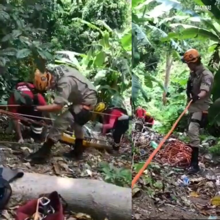 VÍDEO | Bombeiros resgatam homem que caiu em barranco de 15 metros em Manaus