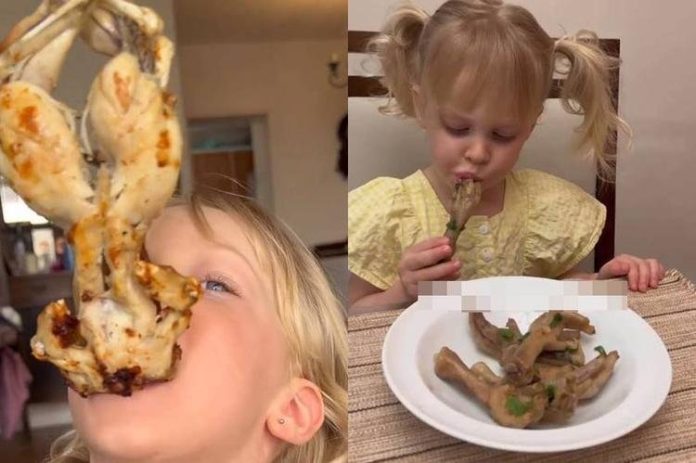Menina de 2 anos viraliza após comer rã, cérebro de boi e água-viva