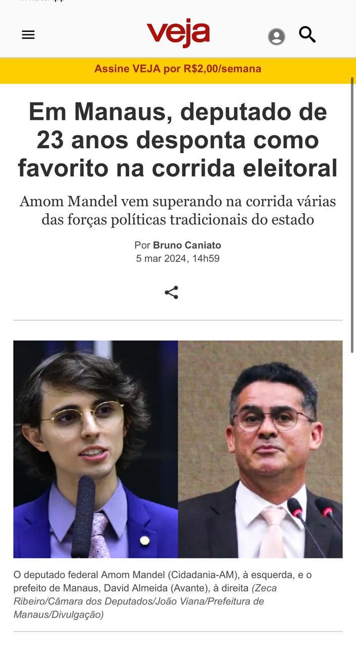 Veja repercute ascensão política do deputado Amom Mandel e o seu favoritismo à Prefeitura de Manaus