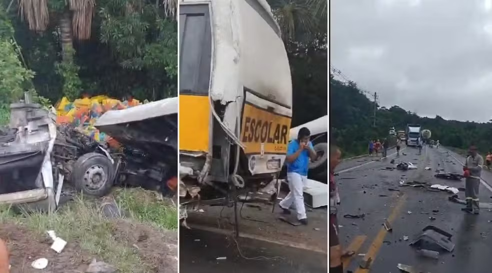 Acidente entre caminhões e ônibus escolar deixa 18 feridos na BR-174